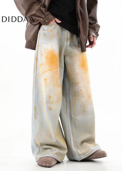 Yellow Drape Straight Wide Leg Jeans for Men - Men’s Jeans