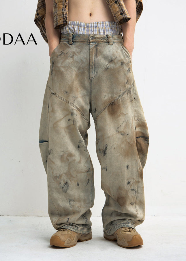 Yellow Heavy Industry Dirty Wash Wide Leg Jeans - Brown / XS - Men’s Jeans