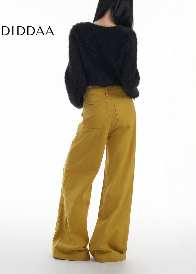 Yellow High Waist Loose Wide Leg Casual Pants - Women’s Jeans