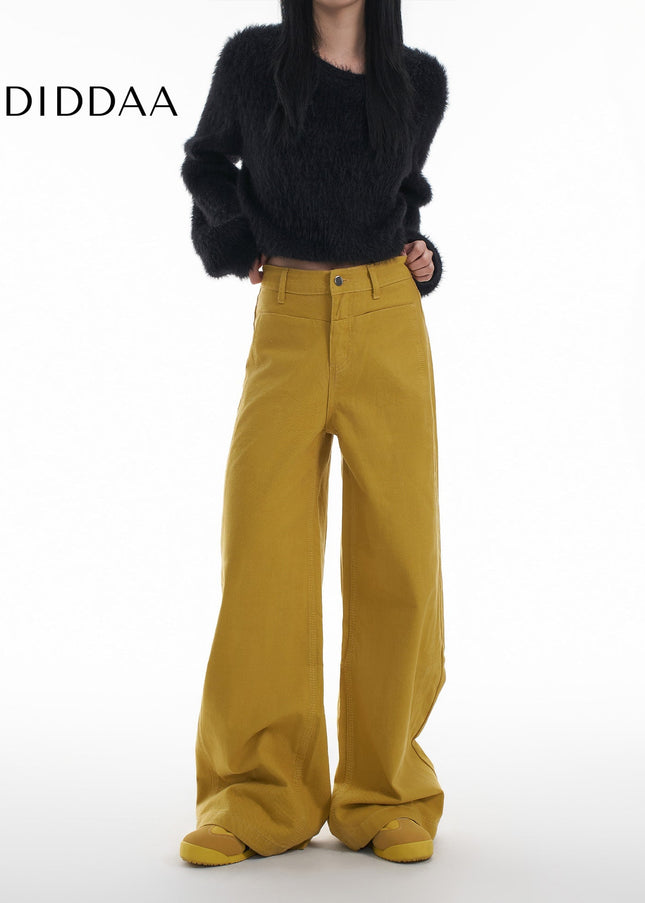 Yellow High Waist Loose Wide Leg Casual Pants - Women’s Jeans
