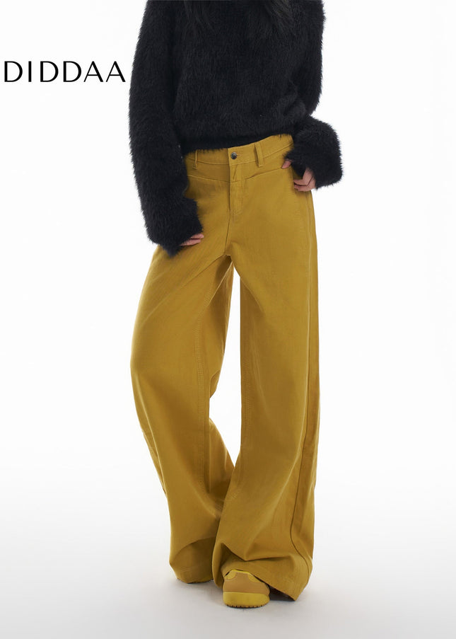 Yellow High Waist Loose Wide Leg Casual Pants - Women’s Jeans