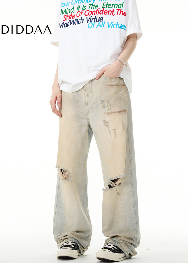 Yellow Irregular Design Ripped Jeans for Men and Women - Men’s Jeans