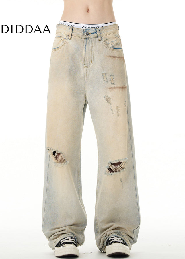 Yellow Irregular Design Ripped Jeans for Men and Women - Men’s Jeans