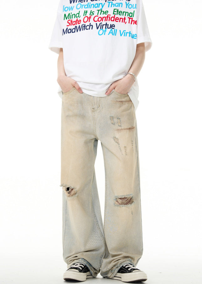 Yellow Irregular Design Ripped Jeans for Men and Women - Men’s Jeans