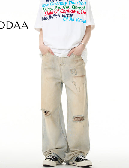 Yellow Irregular Design Ripped Jeans for Men and Women - S / Light Blue - Men’s Jeans
