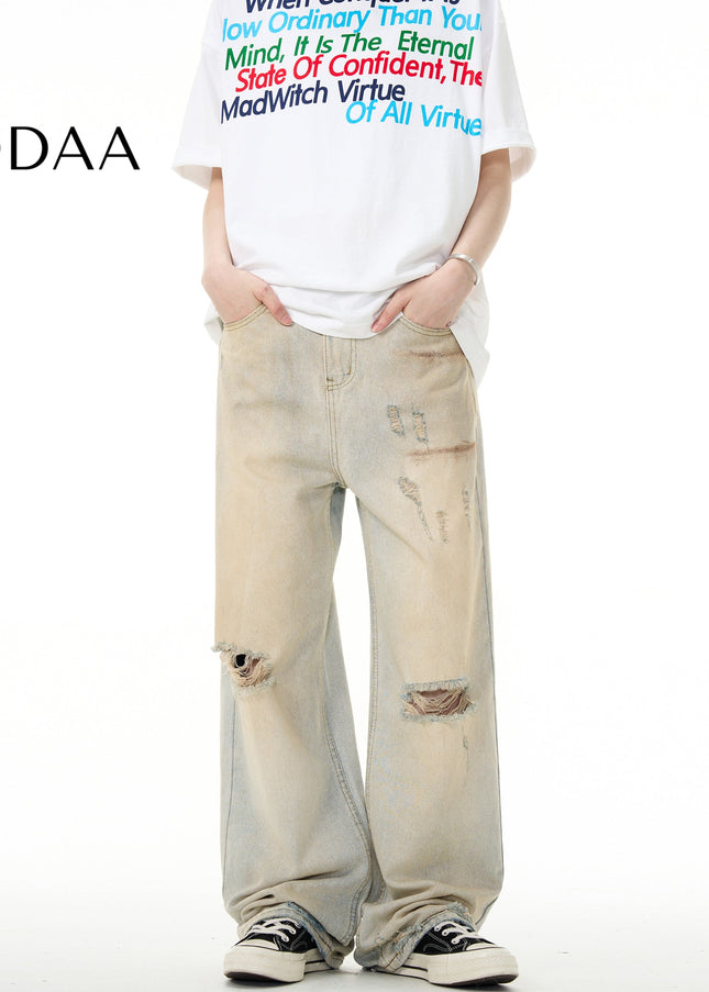 Yellow Irregular Design Ripped Jeans for Men and Women - S / Light Blue - Men’s Jeans