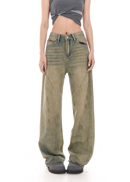 Yellow Loose Fit Wide-Leg Jeans with Niche Design - Women’s Jeans