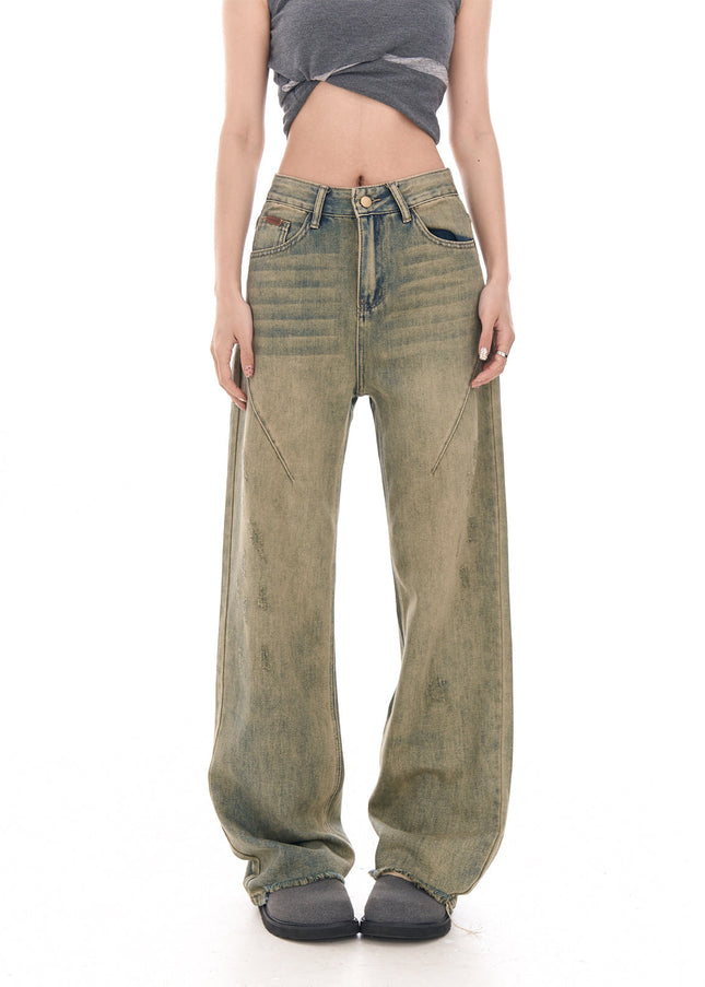 Yellow Loose Fit Wide-Leg Jeans with Niche Design - Women’s Jeans