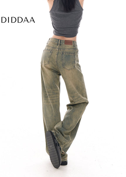 Yellow Loose Fit Wide-Leg Jeans with Niche Design - Women’s Jeans