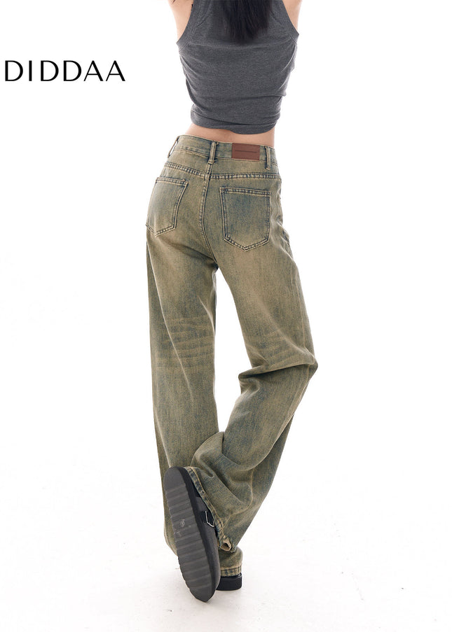 Yellow Loose Fit Wide-Leg Jeans with Niche Design - Women’s Jeans