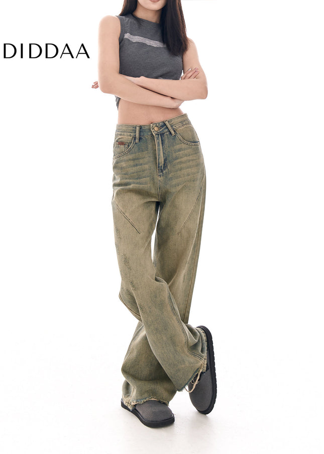 Yellow Loose Fit Wide-Leg Jeans with Niche Design - Women’s Jeans