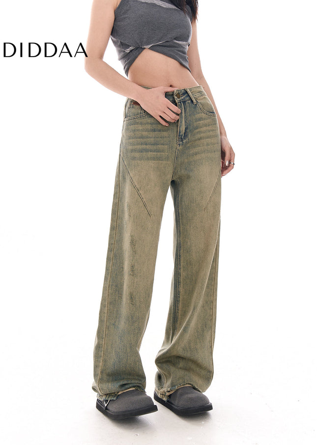 Yellow Loose Fit Wide-Leg Jeans with Niche Design - Women’s Jeans