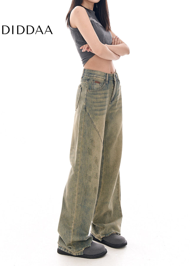 Yellow Loose Fit Wide-Leg Jeans with Niche Design - Women’s Jeans