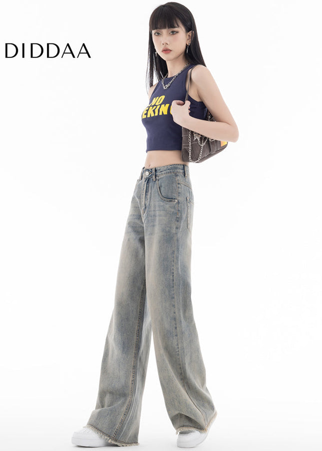 Yellow Mud Dyed Distressed High-Waisted Wide-Leg Jeans - Women’s Jeans