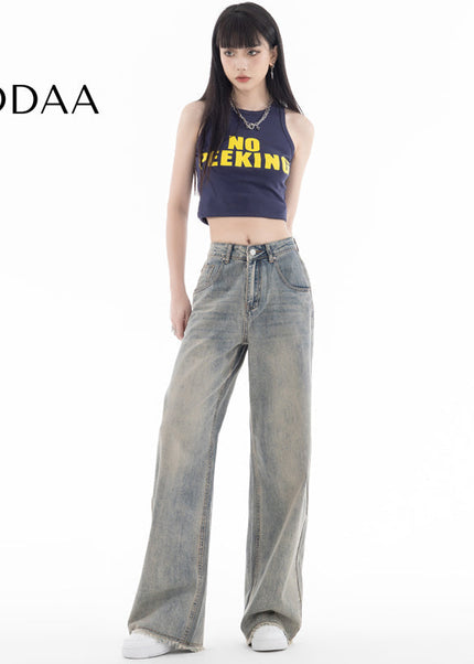 Yellow Mud Dyed Distressed High-Waisted Wide-Leg Jeans - Women’s Jeans