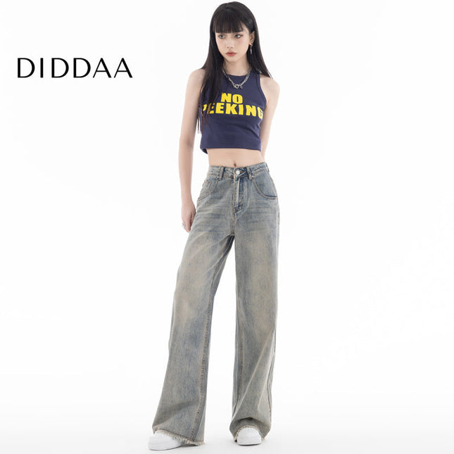 Yellow Mud Dyed Distressed High-Waisted Wide-Leg Jeans - Women’s Jeans