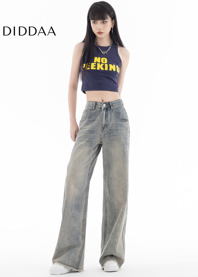 Yellow Mud Dyed Distressed High-Waisted Wide-Leg Jeans - Women’s Jeans