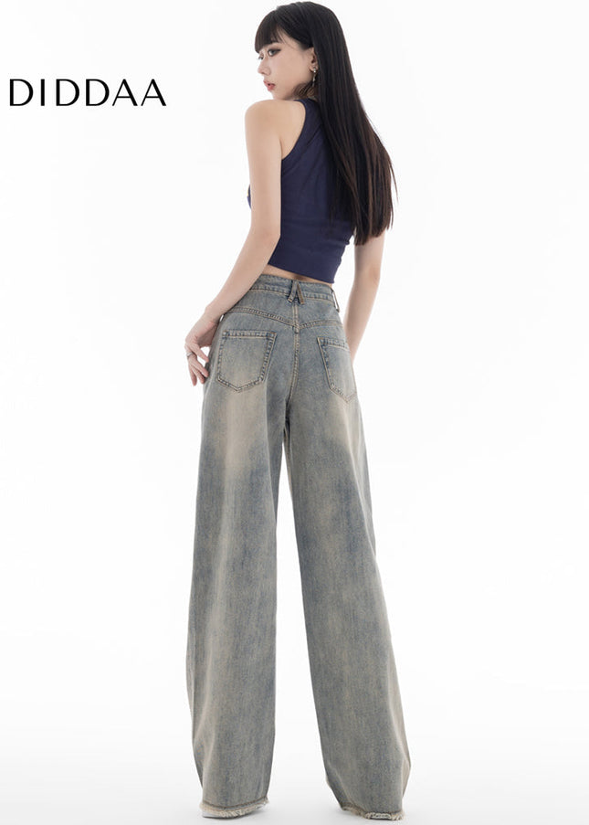 Yellow Mud Dyed Distressed High-Waisted Wide-Leg Jeans - Women’s Jeans