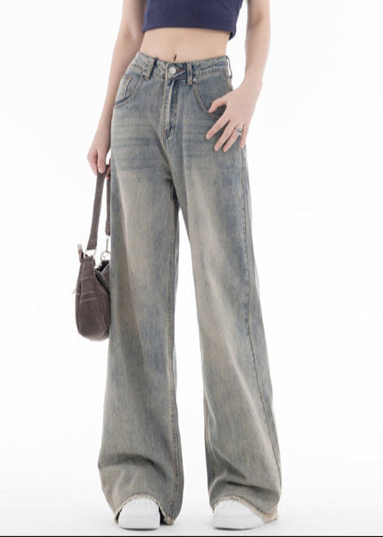 Yellow Mud Dyed Distressed High-Waisted Wide-Leg Jeans - Women’s Jeans