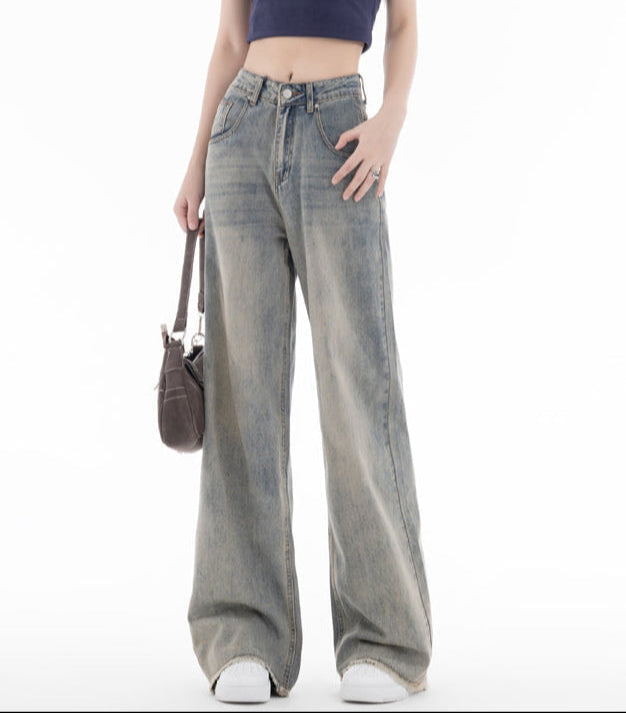 Yellow Mud Dyed Distressed High-Waisted Wide-Leg Jeans - Women’s Jeans