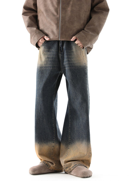 Yellow Mud Dyed Gradient Vintage Wide Leg Jeans - Men’s Jeans