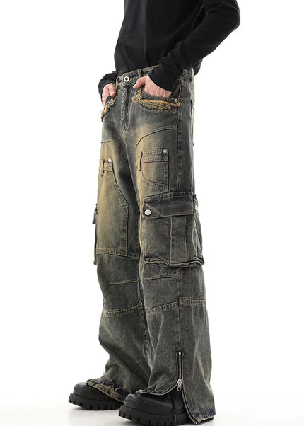 Yellow Multi-Pocket Cargo Pants with Zipper Design - Men’s Jeans