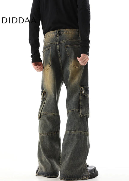Yellow Multi-Pocket Cargo Pants with Zipper Design - Men’s Jeans