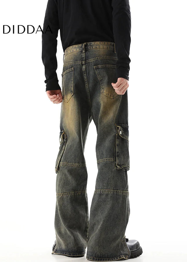 Yellow Multi-Pocket Cargo Pants with Zipper Design - Men’s Jeans