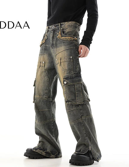 Yellow Multi-Pocket Cargo Pants with Zipper Design - S / Blue - Men’s Jeans