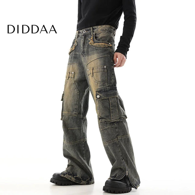 Yellow Multi-Pocket Cargo Pants with Zipper Design - S / Blue - Men’s Jeans