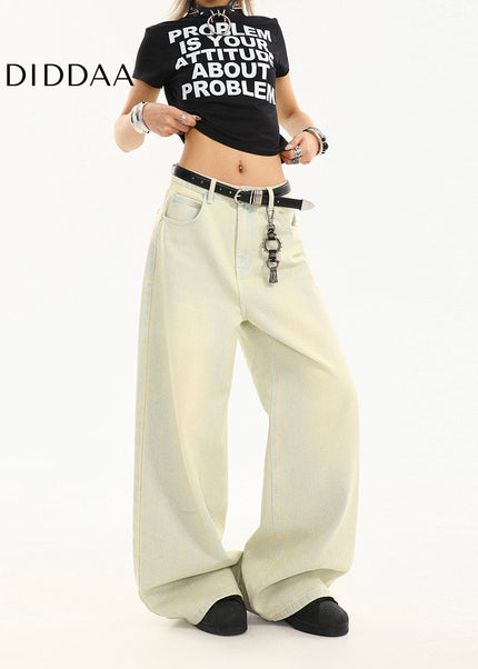 Yellow Washed Distressed Straight Leg Jeans for Women - Women’s Jeans