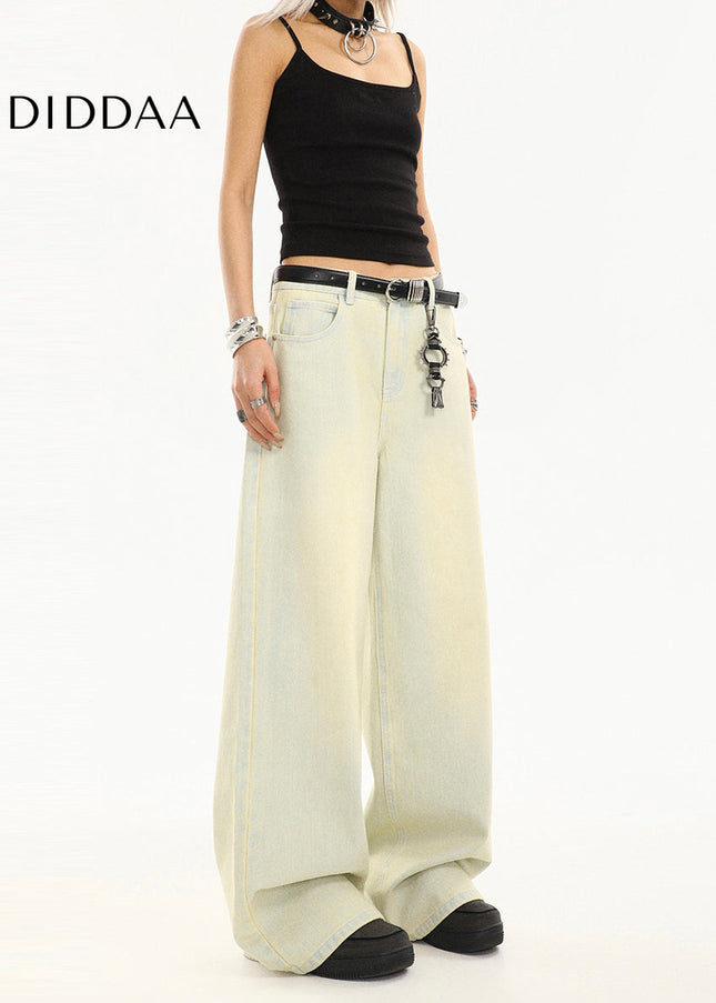 Yellow Washed Distressed Straight Leg Jeans for Women - Women’s Jeans