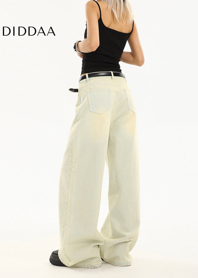 Yellow Washed Distressed Straight Leg Jeans for Women - Women’s Jeans
