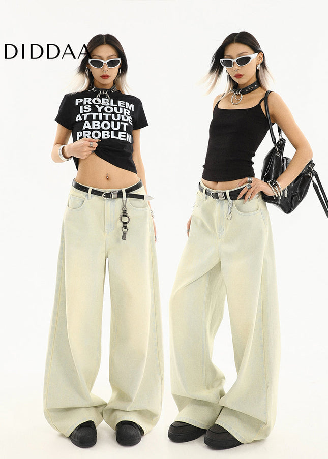 Yellow Washed Distressed Straight Leg Jeans for Women - Women’s Jeans