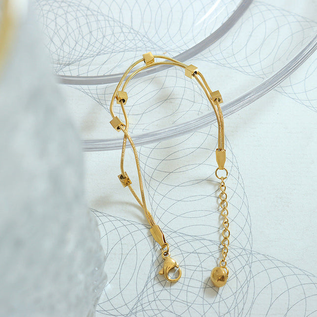 French simple non-fading ins style small square bracelet, titanium steel gold-plated snake bone chain, versatile fashion double layer bracelet
